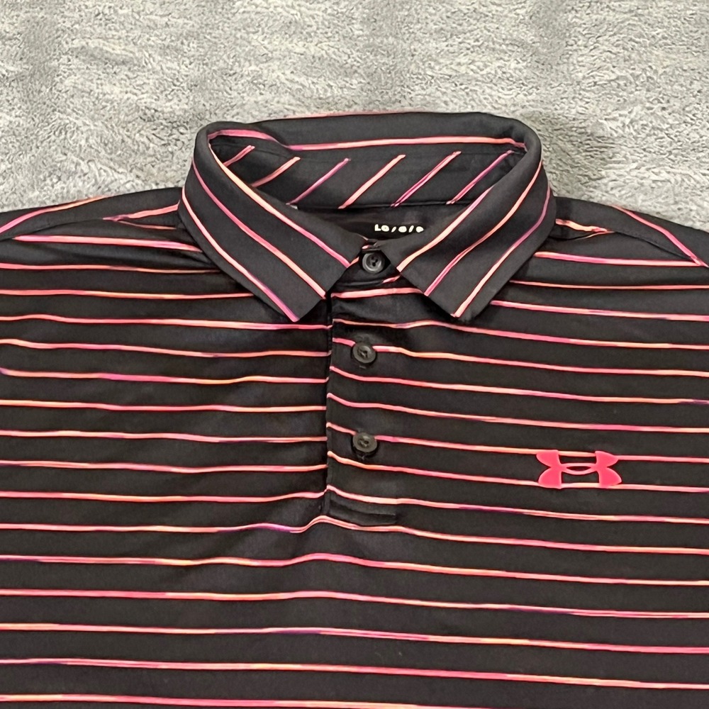Under Armour Mens The Playoff Polo Shirt Large Black Pink Striped Loose Fit Golf